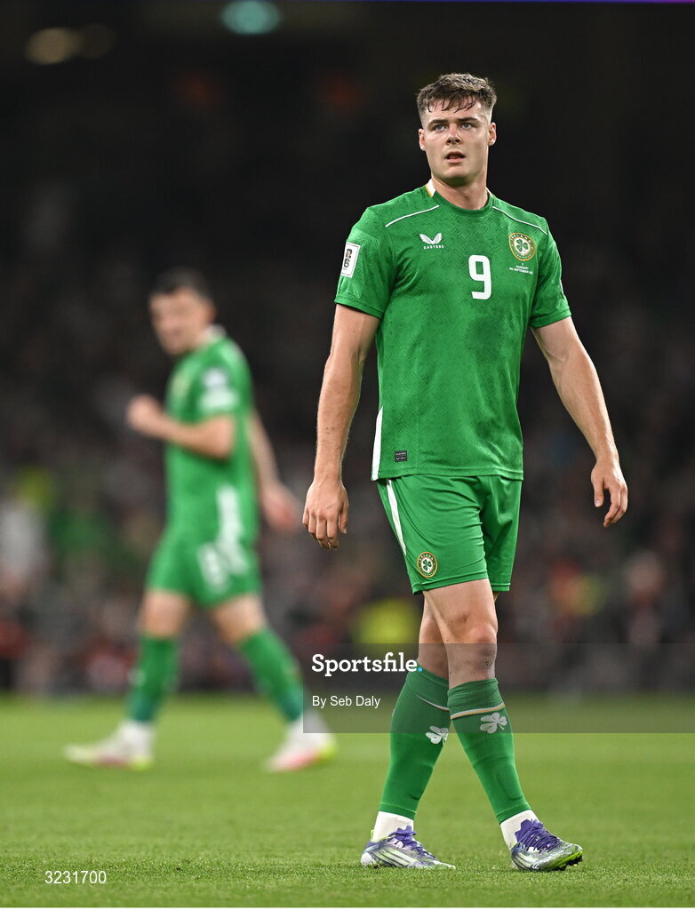 6 September 2025; Evan Ferguson of Republic of Ireland during the FIFA World Cup 2026 Group F qualifying match between Republic of Ireland and Hungary at the Aviva Stadium in Dublin. Photo by Seb Daly/Sportsfile