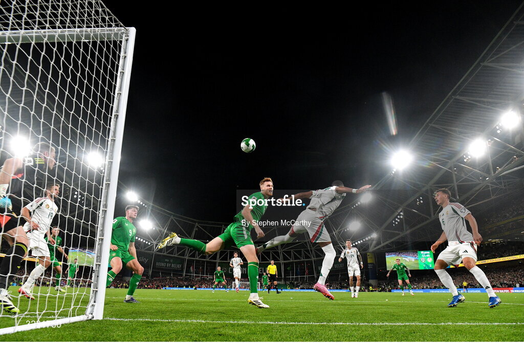 6 September 2025; Jake O'Brien of Republic of Ireland in action against Loic Nego of Hungary during the FIFA World Cup 2026 Group F qualifying match between Republic of Ireland and Hungary at the Aviva Stadium in Dublin. Photo by Stephen McCarthy/Sportsfile