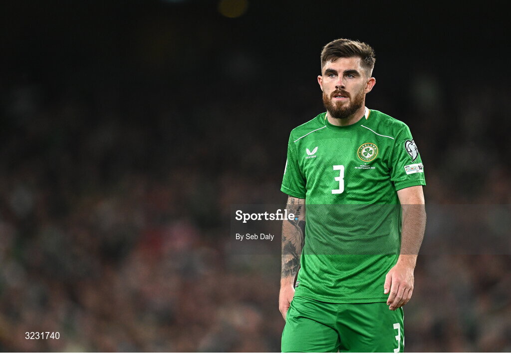 6 September 2025; Ryan Manning of Republic of Ireland during the FIFA World Cup 2026 Group F qualifying match between Republic of Ireland and Hungary at the Aviva Stadium in Dublin. Photo by Seb Daly/Sportsfile
