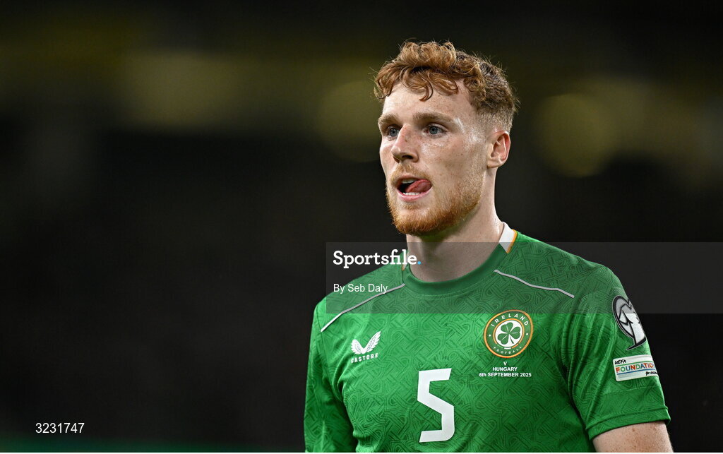 6 September 2025; Jake O'Brien of Republic of Ireland during the FIFA World Cup 2026 Group F qualifying match between Republic of Ireland and Hungary at the Aviva Stadium in Dublin. Photo by Seb Daly/Sportsfile