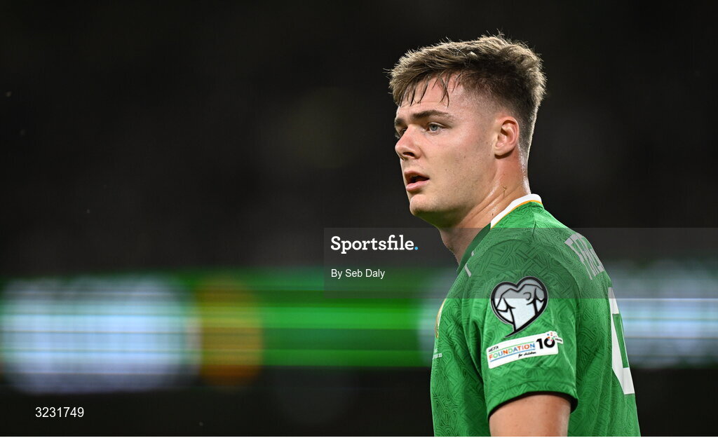 6 September 2025; Evan Ferguson of Republic of Ireland during the FIFA World Cup 2026 Group F qualifying match between Republic of Ireland and Hungary at the Aviva Stadium in Dublin. Photo by Seb Daly/Sportsfile