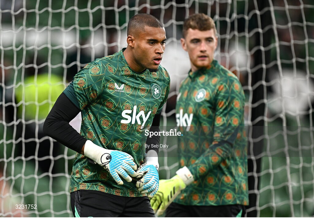 6 September 2025; Republic of Ireland goalkeepers Gavin Bazunu, left, and Mark Travers before the FIFA World Cup 2026 Group F qualifying match between Republic of Ireland and Hungary at the Aviva Stadium in Dublin. Photo by Seb Daly/Sportsfile