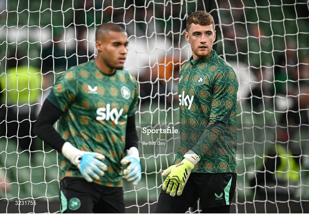 6 September 2025; Republic of Ireland goalkeepers Mark Travers, right, and Gavin Bazunu before the FIFA World Cup 2026 Group F qualifying match between Republic of Ireland and Hungary at the Aviva Stadium in Dublin. Photo by Seb Daly/Sportsfile