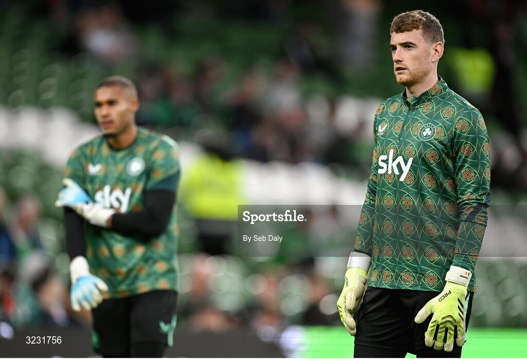 6 September 2025; Republic of Ireland goalkeepers Mark Travers, right, and Gavin Bazunu before the FIFA World Cup 2026 Group F qualifying match between Republic of Ireland and Hungary at the Aviva Stadium in Dublin. Photo by Seb Daly/Sportsfile