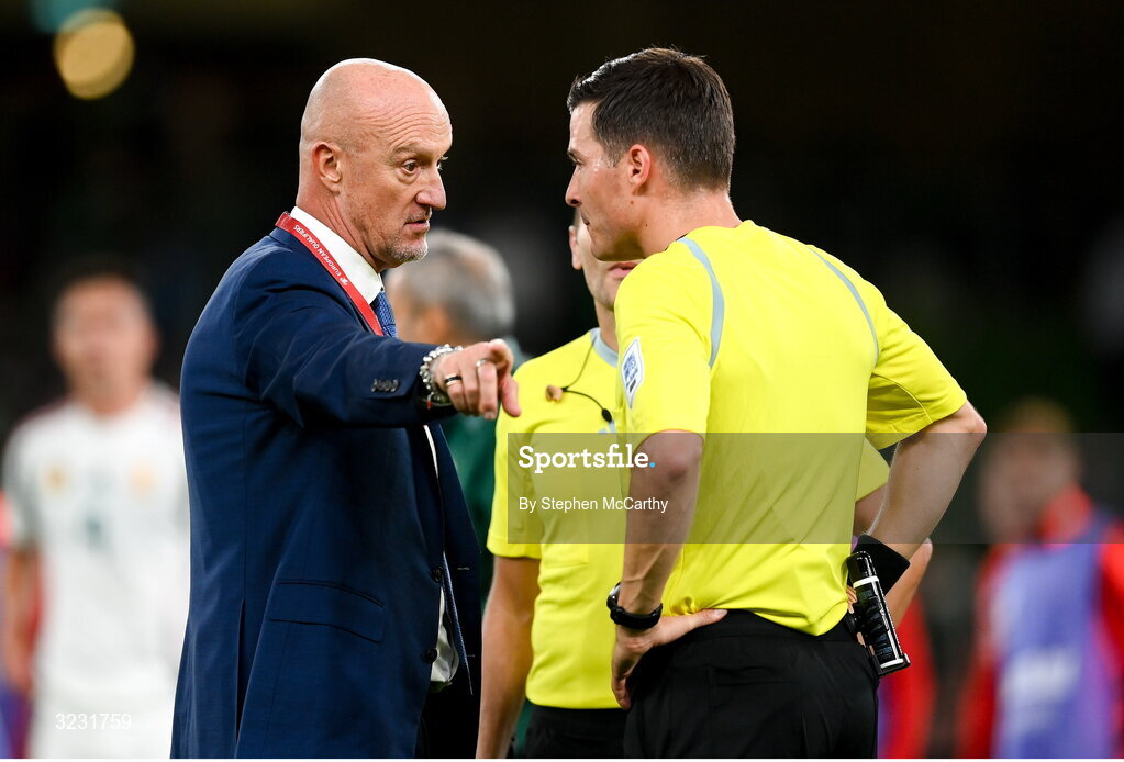 6 September 2025; Hungary head coach Marco Rossi speaks to referee Harm Osmer after the FIFA World Cup 2026 Group F qualifying match between Republic of Ireland and Hungary at the Aviva Stadium in Dublin. Photo by Stephen McCarthy/Sportsfile