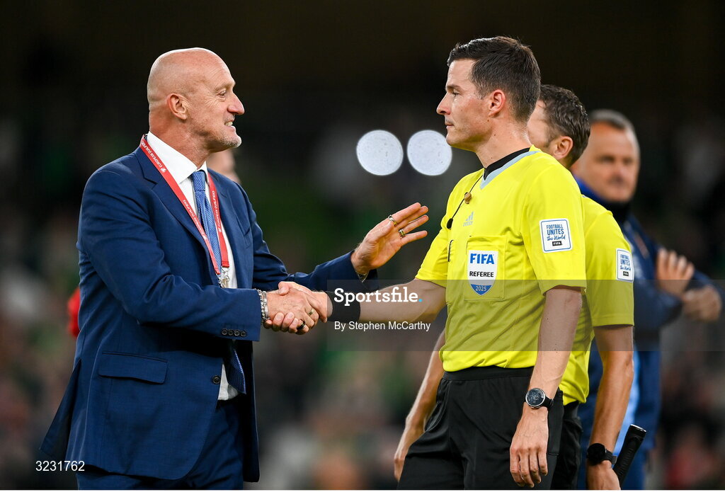 6 September 2025; Hungary head coach Marco Rossi speaks to referee Harm Osmer after the FIFA World Cup 2026 Group F qualifying match between Republic of Ireland and Hungary at the Aviva Stadium in Dublin. Photo by Stephen McCarthy/Sportsfile