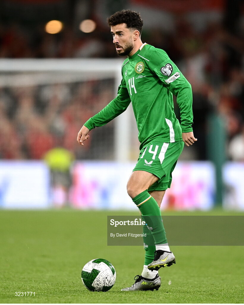 6 September 2025; Mikey Johnston of Republic of Ireland during the FIFA World Cup 2026 Group F qualifying match between Republic of Ireland and Hungary at the Aviva Stadium in Dublin. Photo by David Fitzgerald/Sportsfile