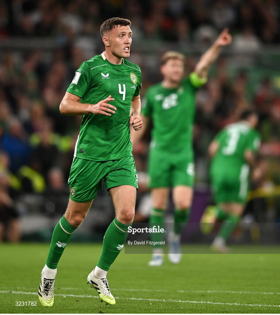 6 September 2025; Dara O'Shea of Republic of Ireland during the FIFA World Cup 2026 Group F qualifying match between Republic of Ireland and Hungary at the Aviva Stadium in Dublin. Photo by David Fitzgerald/Sportsfile