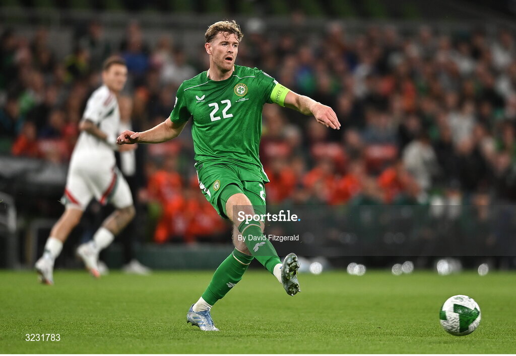 6 September 2025; Nathan Collins of Republic of Ireland during the FIFA World Cup 2026 Group F qualifying match between Republic of Ireland and Hungary at the Aviva Stadium in Dublin. Photo by David Fitzgerald/Sportsfile