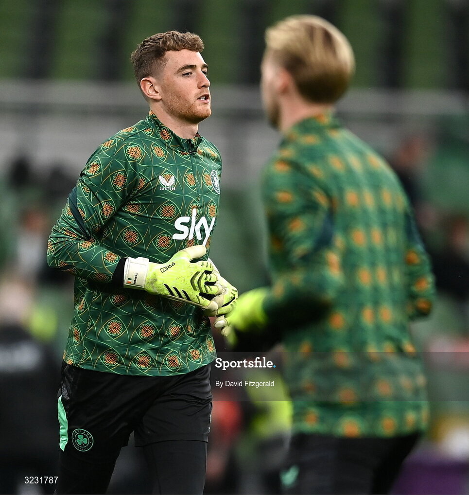 6 September 2025; Mark Travers, left, and Caoimhin Kelleher before the FIFA World Cup 2026 Group F qualifying match between Republic of Ireland and Hungary at the Aviva Stadium in Dublin. Photo by David Fitzgerald/Sportsfile