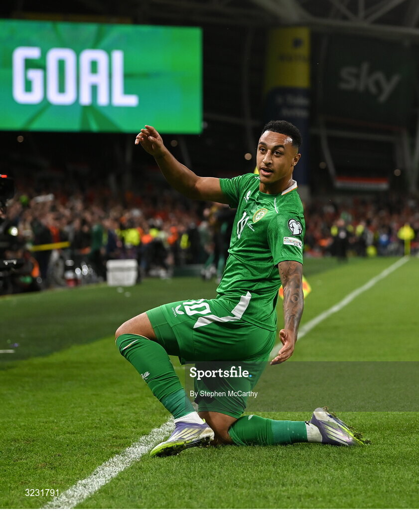 6 September 2025; Adam Idah of Republic of Ireland celebrates after scoring his side's second goal during the FIFA World Cup 2026 Group F qualifying match between Republic of Ireland and Hungary at the Aviva Stadium in Dublin.  Photo by Stephen McCarthy/Sportsfile