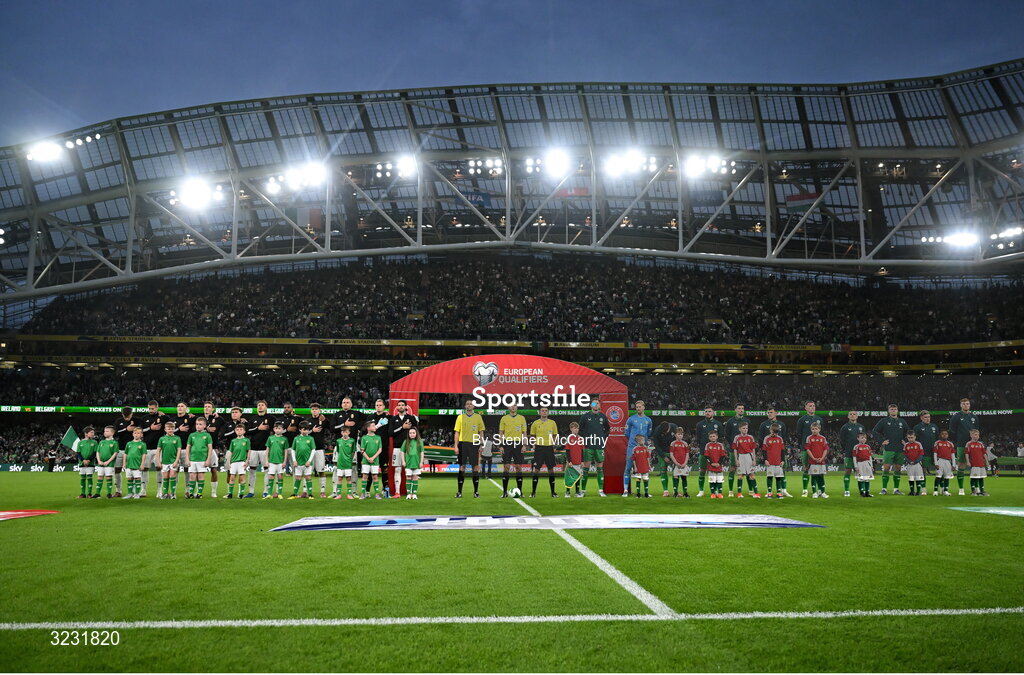 6 September 2025; Players and officials line up before the FIFA World Cup 2026 Group F qualifying match between Republic of Ireland and Hungary at the Aviva Stadium in Dublin. Photo by Stephen McCarthy/Sportsfile