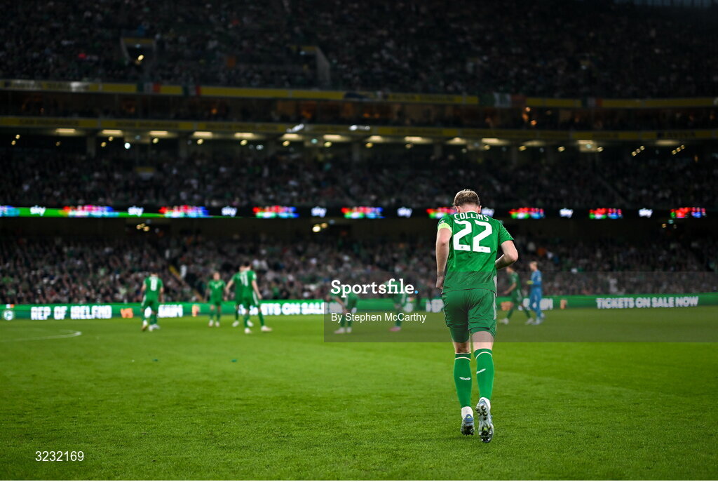 6 September 2025; Nathan Collins of Republic of Ireland before the FIFA World Cup 2026 Group F qualifying match between Republic of Ireland and Hungary at the Aviva Stadium in Dublin. Photo by Stephen McCarthy/Sportsfile