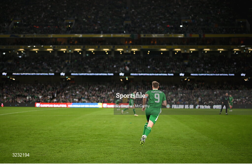 6 September 2025; Evan Ferguson of Republic of Ireland during the FIFA World Cup 2026 Group F qualifying match between Republic of Ireland and Hungary at the Aviva Stadium in Dublin. Photo by Stephen McCarthy/Sportsfile