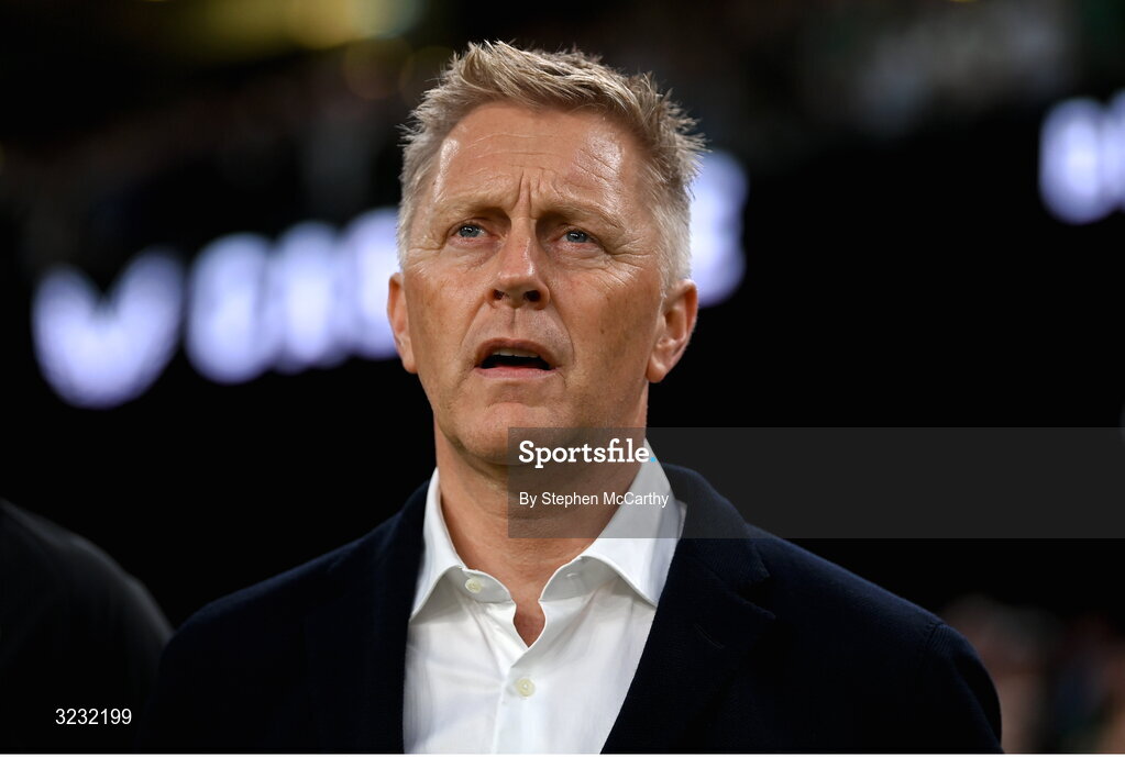 6 September 2025; Republic of Ireland head coach Heimir Hallgrimsson stands for the playing of the National Anthem before the FIFA World Cup 2026 Group F qualifying match between Republic of Ireland and Hungary at the Aviva Stadium in Dublin. Photo by Stephen McCarthy/Sportsfile