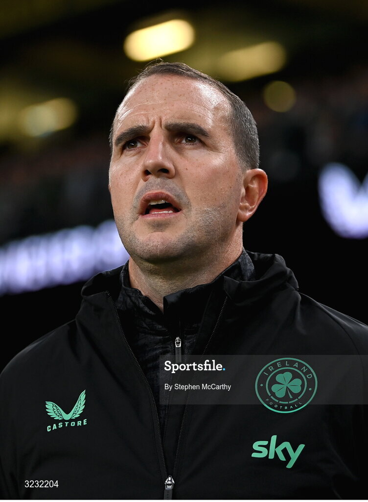 6 September 2025; Republic of Ireland assistant head coach John O'Shea stands for the playing of the National Anthem during the FIFA World Cup 2026 Group F qualifying match between Republic of Ireland and Hungary at the Aviva Stadium in Dublin. Photo by Stephen McCarthy/Sportsfile