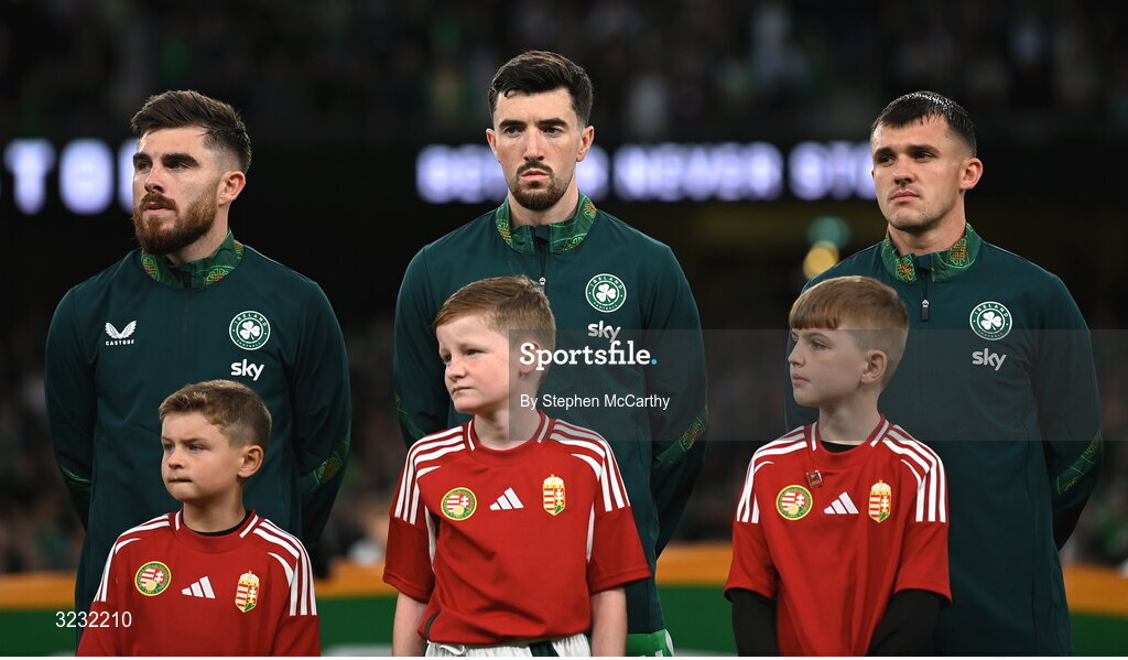 6 September 2025; Republic of Ireland players, from left, Ryan Manning, Finn Azaz and Jason Knight before the FIFA World Cup 2026 Group F qualifying match between Republic of Ireland and Hungary at the Aviva Stadium in Dublin. Photo by Stephen McCarthy/Sportsfile