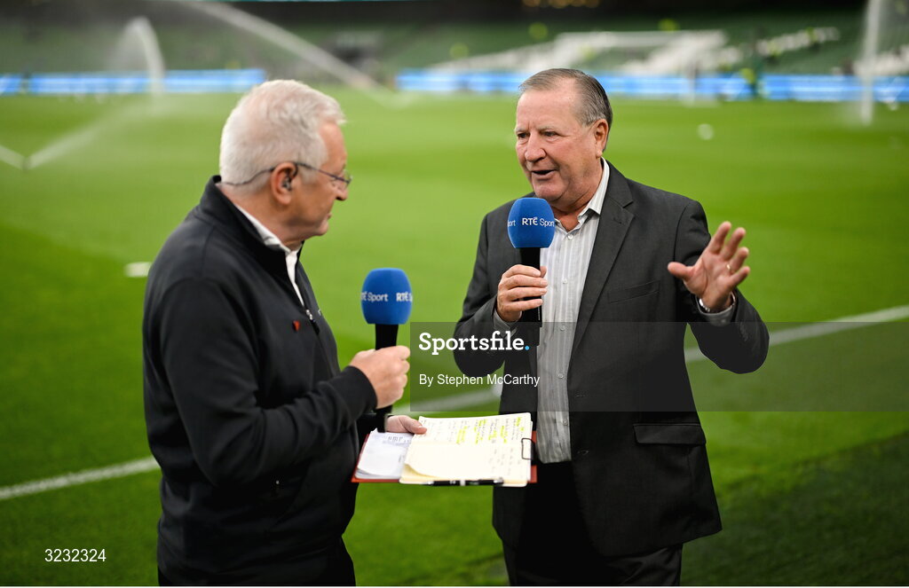 6 September 2025; Former Republic of Ireland international Ronnie Whelan speaks to RTÉ's Tony O'Donoghue before the FIFA World Cup 2026 Group F qualifying match between Republic of Ireland and Hungary at the Aviva Stadium in Dublin. Photo by Stephen McCarthy/Sportsfile