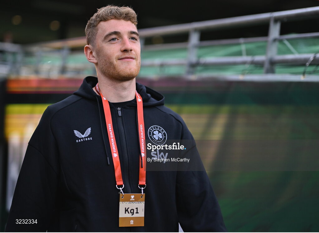 6 September 2025; Republic of Ireland goalkeeper Mark Travers before the FIFA World Cup 2026 Group F qualifying match between Republic of Ireland and Hungary at the Aviva Stadium in Dublin. Photo by Stephen McCarthy/Sportsfile