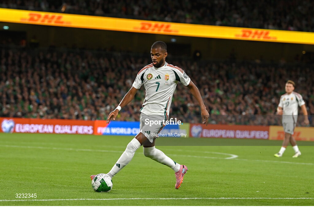 6 September 2025; Loic Nego of Hungary during the FIFA World Cup 2026 Group F qualifying match between Republic of Ireland and Hungary at the Aviva Stadium in Dublin. Photo by Stephen McCarthy/Sportsfile