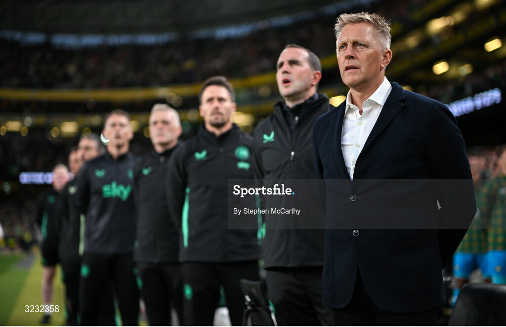 6 September 2025; Republic of Ireland head coach Heimir Hallgrimsson and his staff stand for the playing of the National Anthem before the FIFA World Cup 2026 Group F qualifying match between Republic of Ireland and Hungary at the Aviva Stadium in Dublin. Photo by Stephen McCarthy/Sportsfile
