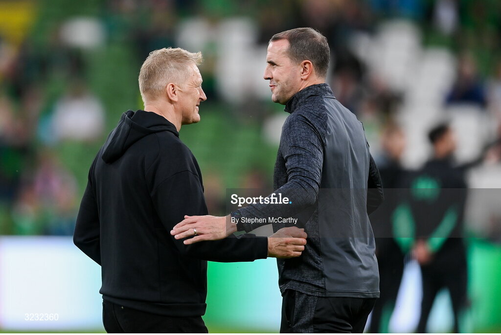 6 September 2025; Republic of Ireland head coach Heimir Hallgrimsson and assistant head coach John O'Shea, right, during the FIFA World Cup 2026 Group F qualifying match between Republic of Ireland and Hungary at the Aviva Stadium in Dublin. Photo by Stephen McCarthy/Sportsfile