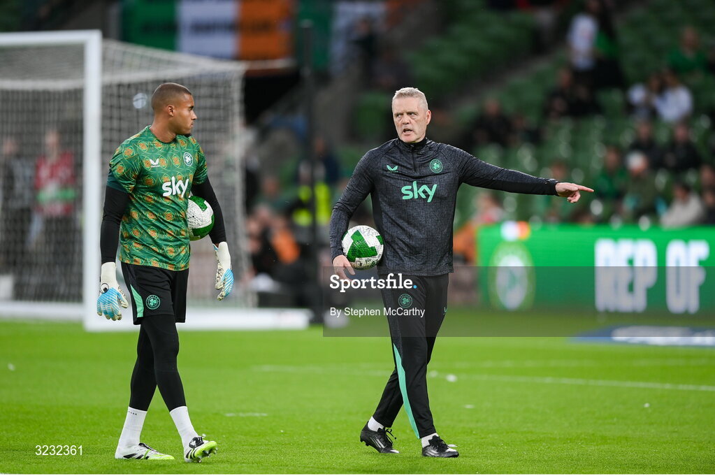 6 September 2025; Republic of Ireland goalkeeping coach Gudmundur Hreidarsson and goalkeeper Gavin Bazunu before the FIFA World Cup 2026 Group F qualifying match between Republic of Ireland and Hungary at the Aviva Stadium in Dublin. Photo by Stephen McCarthy/Sportsfile