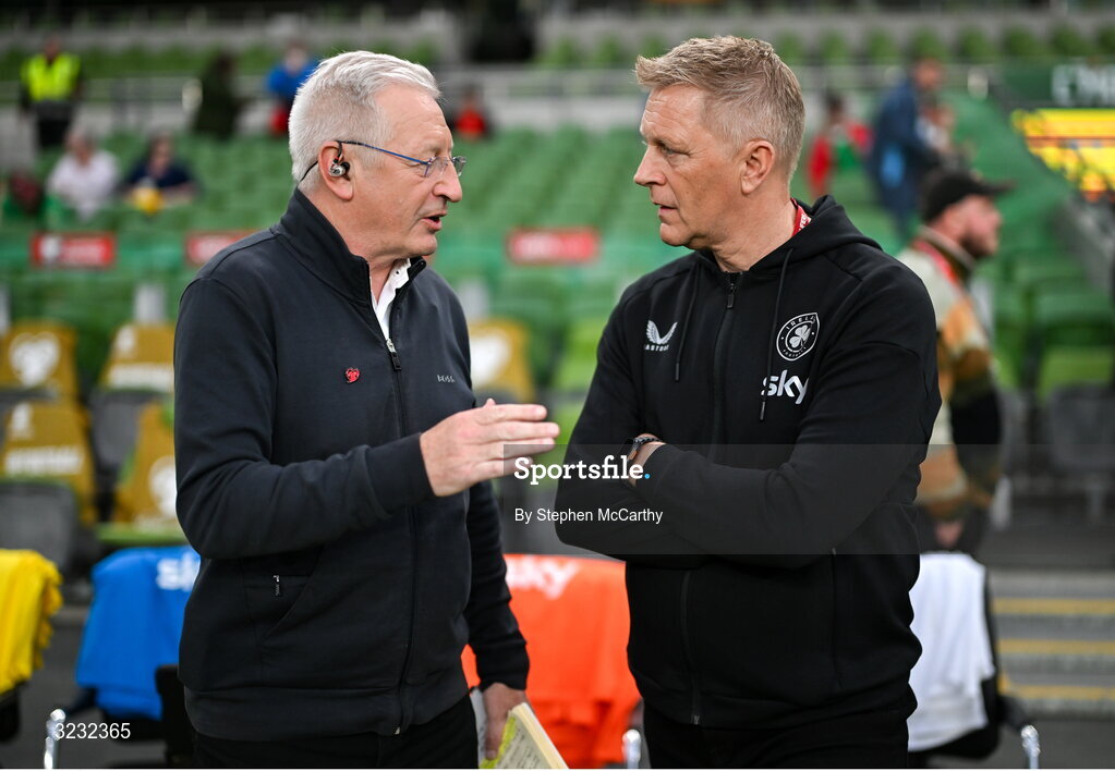 6 September 2025;  RTÉ's Tony O'Donoghue with Republic of Ireland head coach Heimir Hallgrimsson before the FIFA World Cup 2026 Group F qualifying match between Republic of Ireland and Hungary at the Aviva Stadium in Dublin. Photo by Stephen McCarthy/Sportsfile