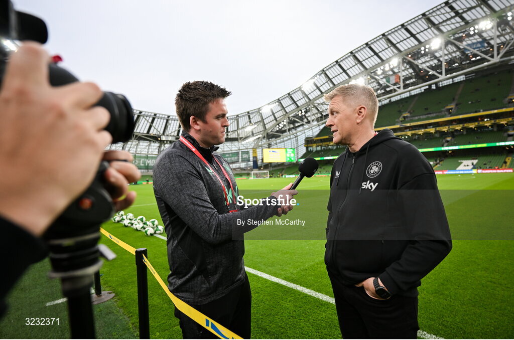 6 September 2025; Republic of Ireland head coach Heimir Hallgrimsson is interviewed by FAI communications manager Kieran Crowley before the FIFA World Cup 2026 Group F qualifying match between Republic of Ireland and Hungary at the Aviva Stadium in Dublin. Photo by Stephen McCarthy/Sportsfile