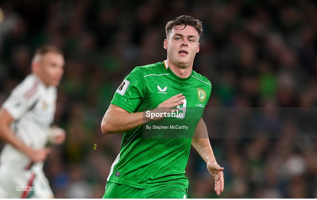 6 September 2025; Evan Ferguson of Republic of Ireland during the FIFA World Cup 2026 Group F qualifying match between Republic of Ireland and Hungary at the Aviva Stadium in Dublin. Photo by Stephen McCarthy/Sportsfile