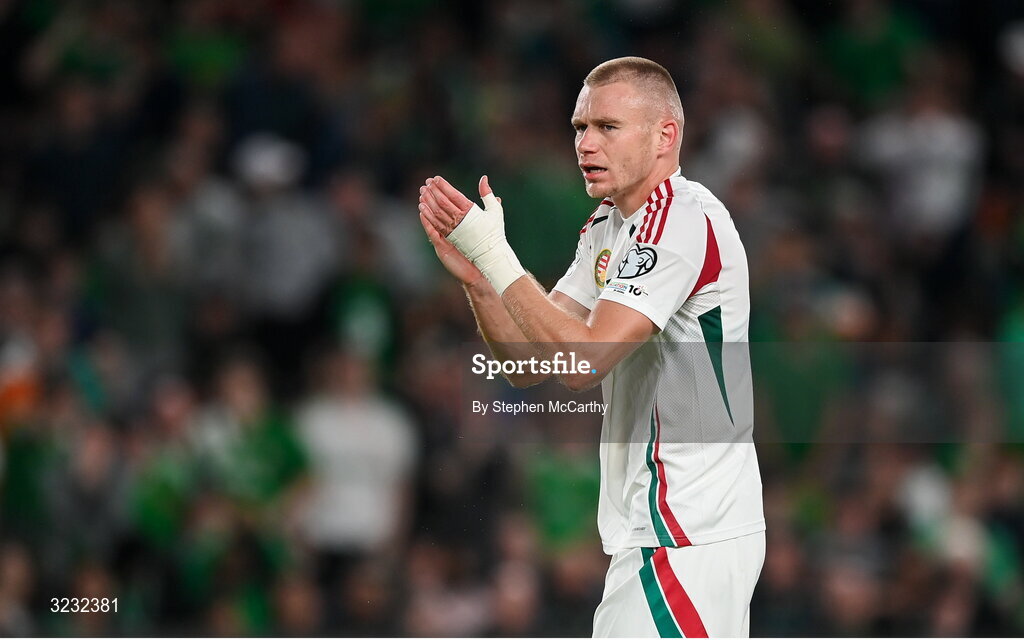 6 September 2025; Attila Szalai of Hungary during the FIFA World Cup 2026 Group F qualifying match between Republic of Ireland and Hungary at the Aviva Stadium in Dublin. Photo by Stephen McCarthy/Sportsfile