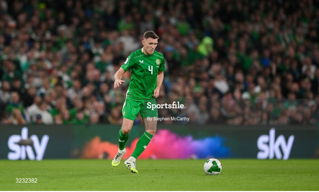 6 September 2025; Dara O'Shea of Republic of Ireland during the FIFA World Cup 2026 Group F qualifying match between Republic of Ireland and Hungary at the Aviva Stadium in Dublin. Photo by Stephen McCarthy/Sportsfile
