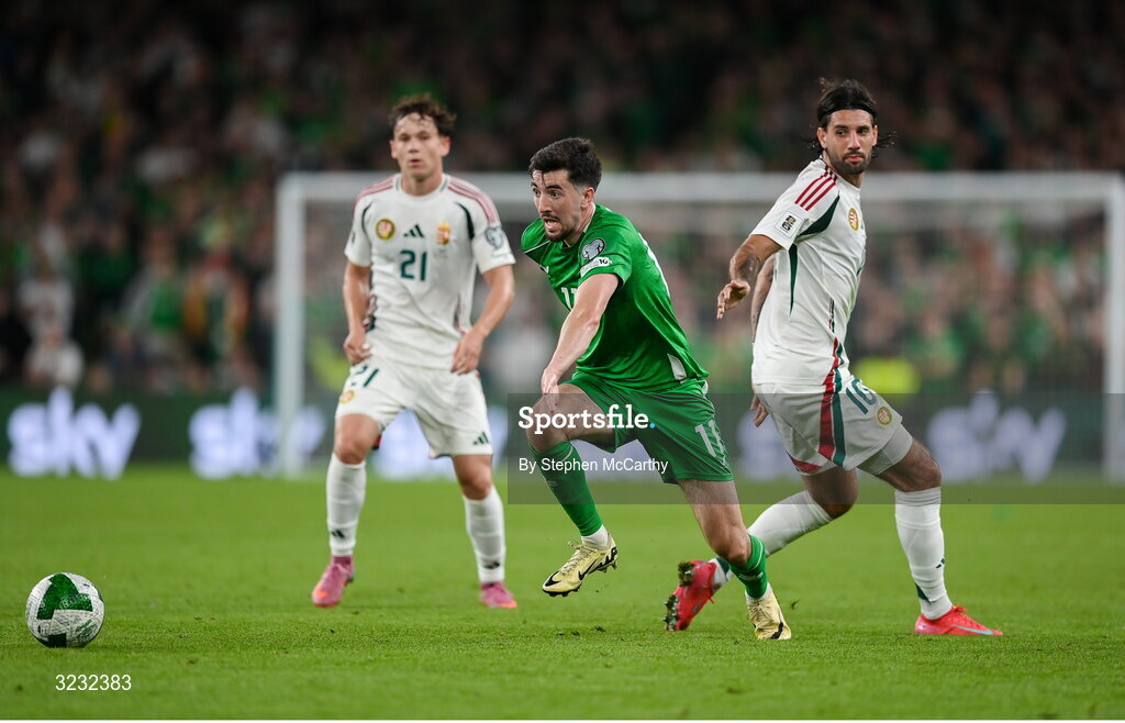 6 September 2025; Finn Azaz of Republic of Ireland in action against Dominik Szoboszlai of Hungary during the FIFA World Cup 2026 Group F qualifying match between Republic of Ireland and Hungary at the Aviva Stadium in Dublin. Photo by Stephen McCarthy/Sportsfile