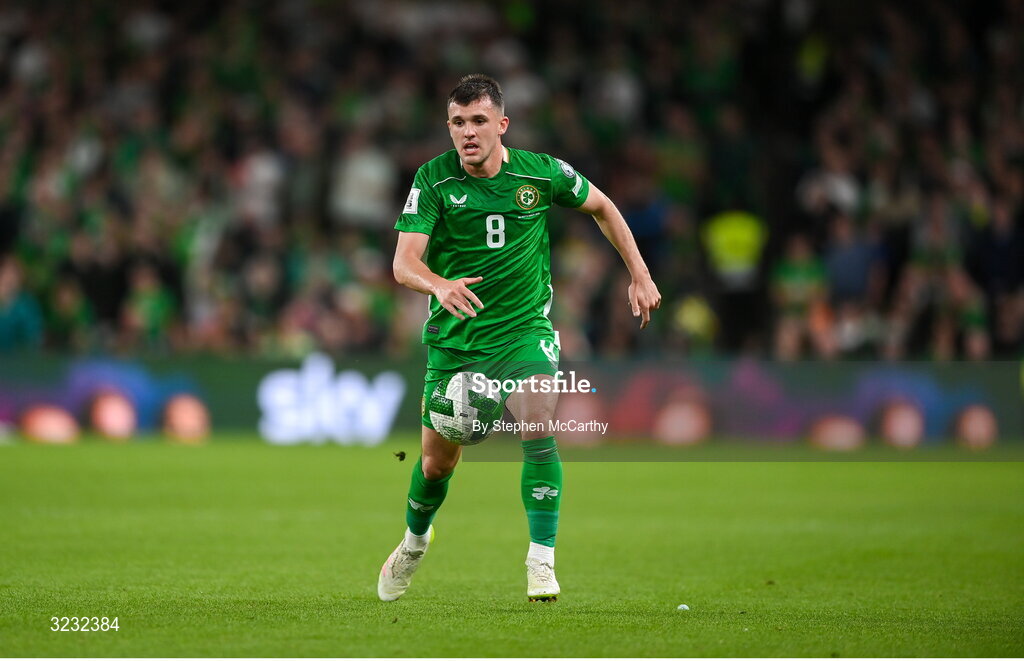 6 September 2025; Jason Knight of Republic of Ireland during the FIFA World Cup 2026 Group F qualifying match between Republic of Ireland and Hungary at the Aviva Stadium in Dublin. Photo by Stephen McCarthy/Sportsfile