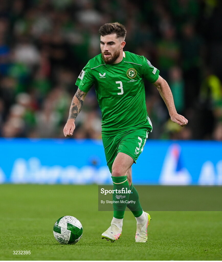 6 September 2025; Ryan Manning of Republic of Ireland during the FIFA World Cup 2026 Group F qualifying match between Republic of Ireland and Hungary at the Aviva Stadium in Dublin. Photo by Stephen McCarthy/Sportsfile
