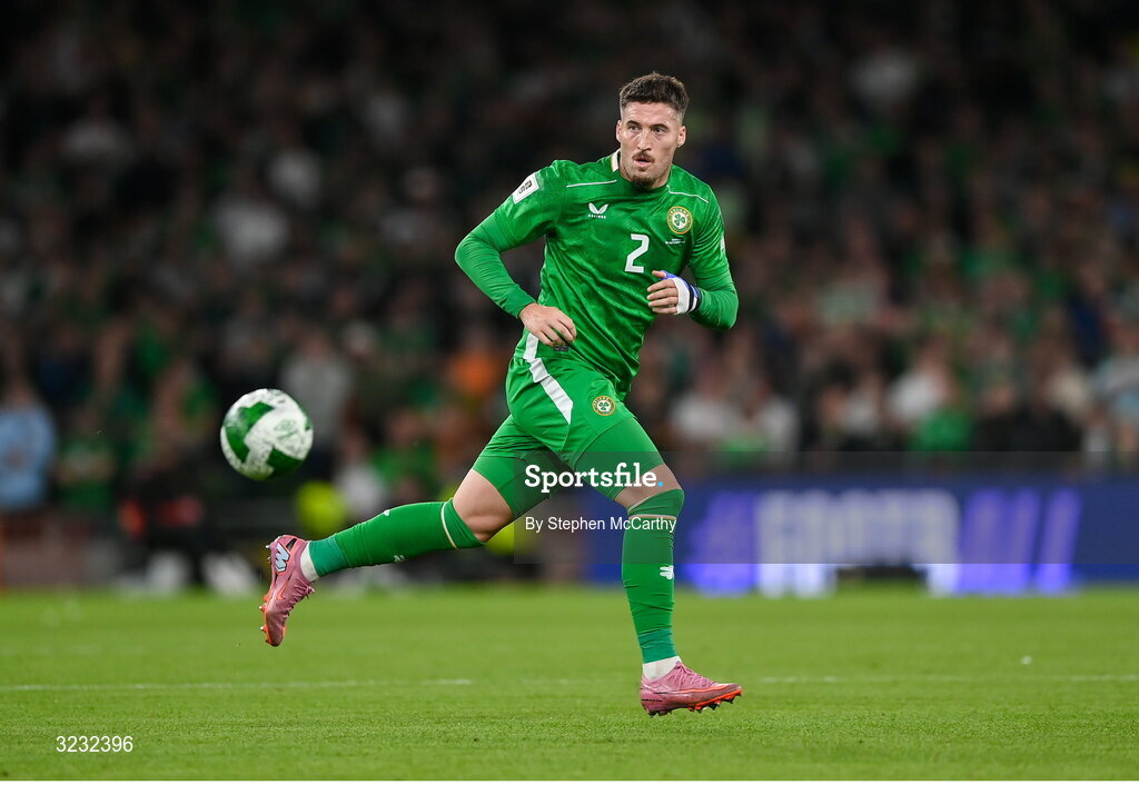 6 September 2025; Matt Doherty of Republic of Ireland during the FIFA World Cup 2026 Group F qualifying match between Republic of Ireland and Hungary at the Aviva Stadium in Dublin. Photo by Stephen McCarthy/Sportsfile