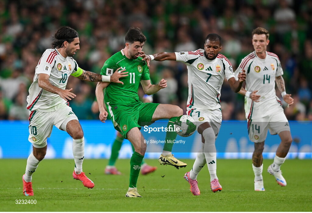6 September 2025; Finn Azaz of Republic of Ireland in action against Hungary players, from left, Dominik Szoboszlai, Loic Nego and Bendegúz Bolla during the FIFA World Cup 2026 Group F qualifying match between Republic of Ireland and Hungary at the Aviva Stadium in Dublin. Photo by Stephen McCarthy/Sportsfile