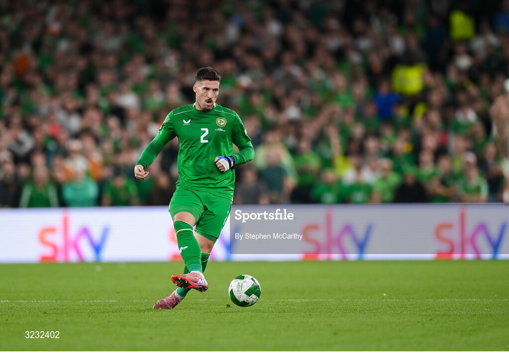 6 September 2025; Matt Doherty of Republic of Ireland during the FIFA World Cup 2026 Group F qualifying match between Republic of Ireland and Hungary at the Aviva Stadium in Dublin. Photo by Stephen McCarthy/Sportsfile