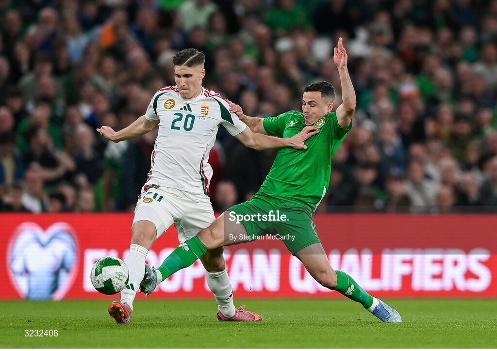 6 September 2025; Roland Sallai of Hungary in action against Josh Cullen of Republic of Ireland during the FIFA World Cup 2026 Group F qualifying match between Republic of Ireland and Hungary at the Aviva Stadium in Dublin. Photo by Stephen McCarthy/Sportsfile