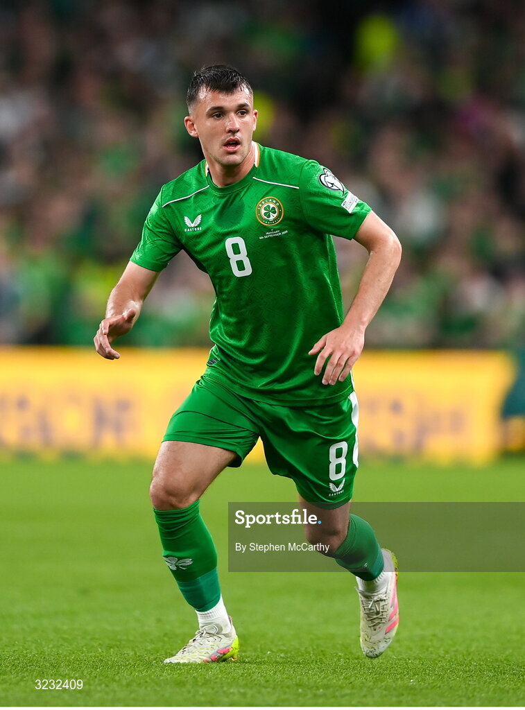 6 September 2025; Jason Knight of Republic of Ireland during the FIFA World Cup 2026 Group F qualifying match between Republic of Ireland and Hungary at the Aviva Stadium in Dublin. Photo by Stephen McCarthy/Sportsfile