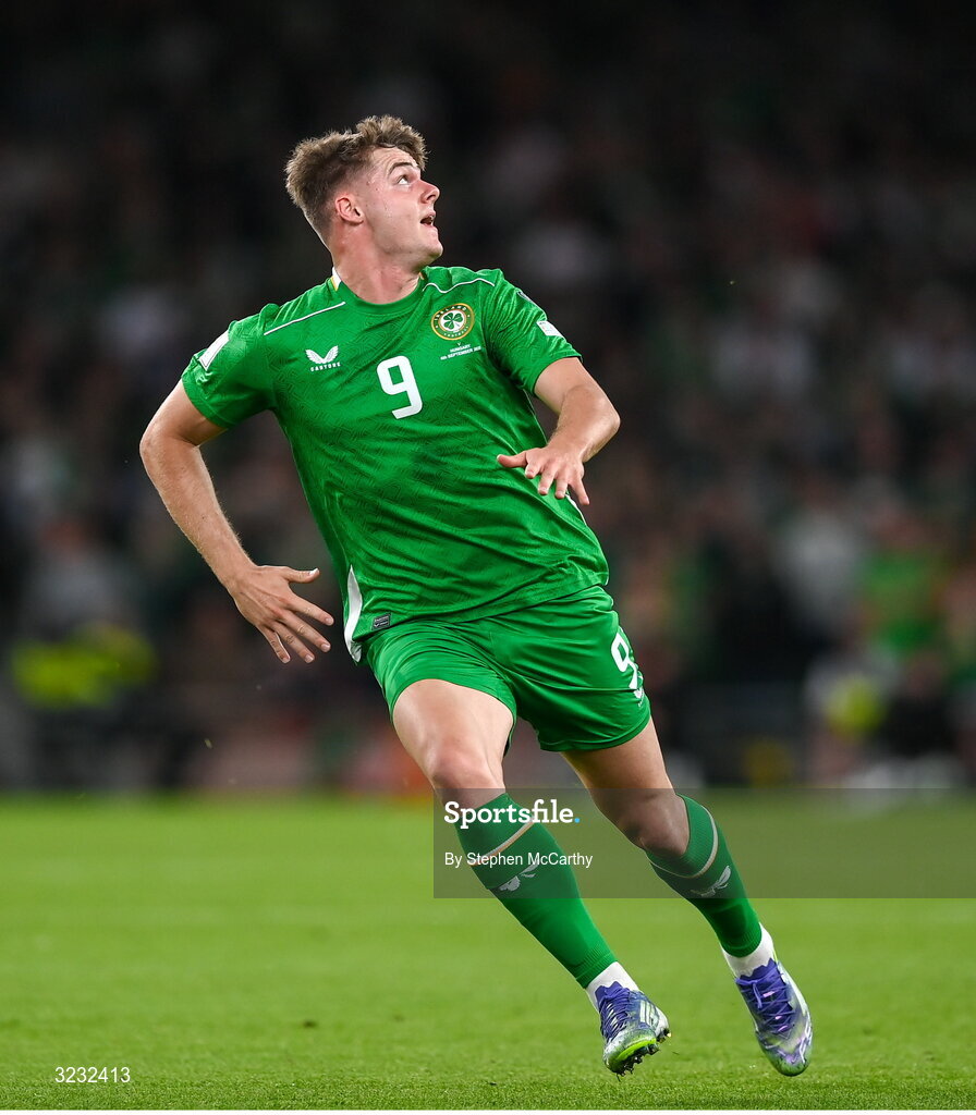 6 September 2025; Evan Ferguson of Republic of Ireland during the FIFA World Cup 2026 Group F qualifying match between Republic of Ireland and Hungary at the Aviva Stadium in Dublin. Photo by Stephen McCarthy/Sportsfile