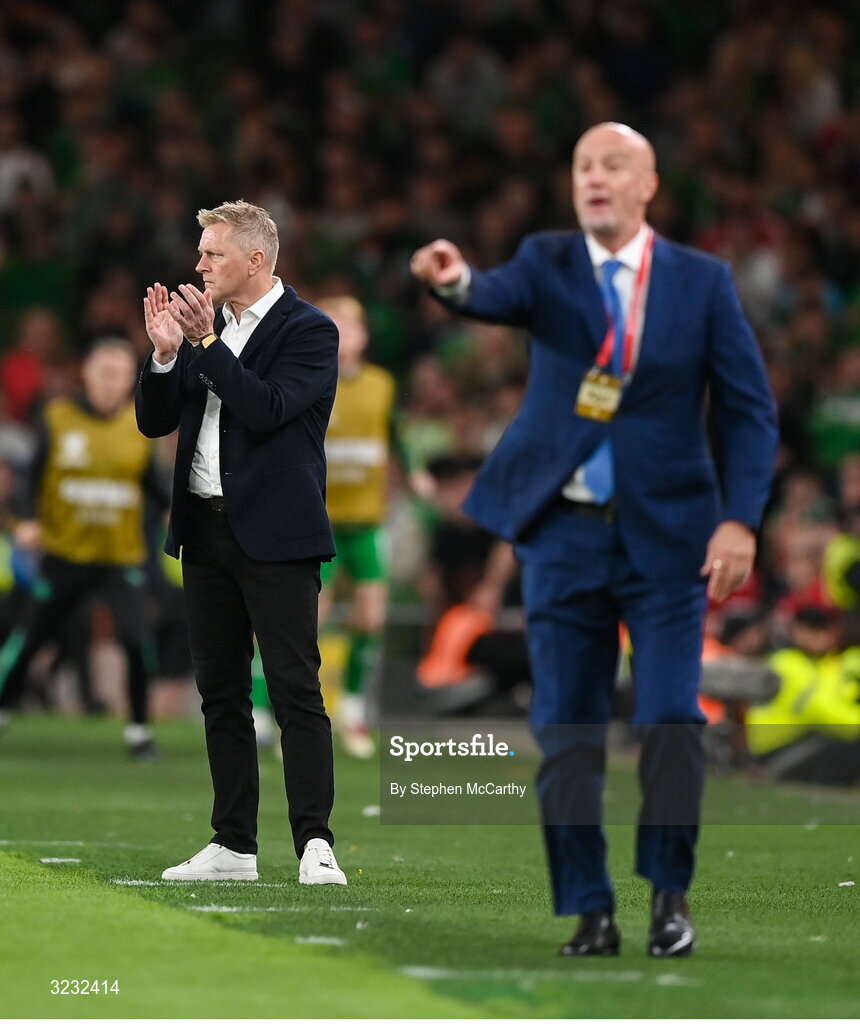 6 September 2025; Republic of Ireland head coach Heimir Hallgrimsson, left, and Hungary head coach Marco Rossi during the FIFA World Cup 2026 Group F qualifying match between Republic of Ireland and Hungary at the Aviva Stadium in Dublin. Photo by Stephen McCarthy/Sportsfile