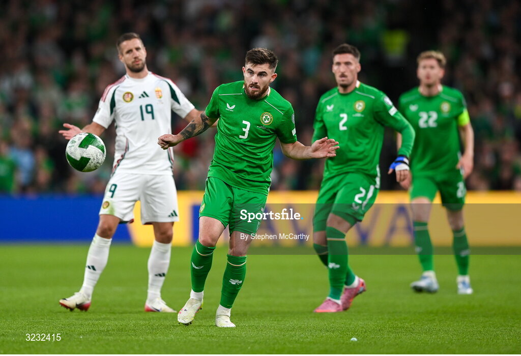 6 September 2025; Ryan Manning of Republic of Ireland during the FIFA World Cup 2026 Group F qualifying match between Republic of Ireland and Hungary at the Aviva Stadium in Dublin. Photo by Stephen McCarthy/Sportsfile