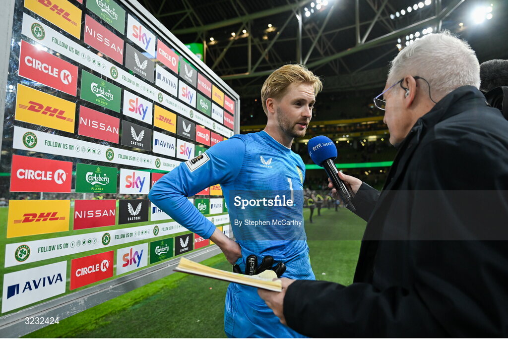 6 September 2025; Republic of Ireland goalkeeper Caoimhin Kelleher is interviewed by RTÉ's Tony O'Donoghue after the FIFA World Cup 2026 Group F qualifying match between Republic of Ireland and Hungary at the Aviva Stadium in Dublin. Photo by Stephen McCarthy/Sportsfile
