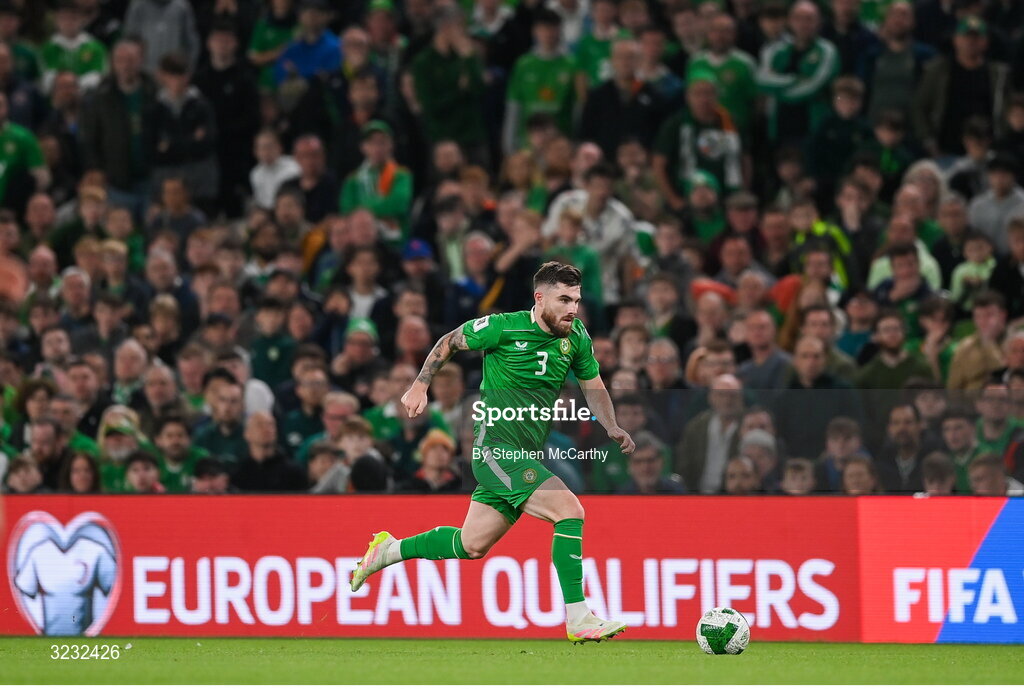 6 September 2025; Ryan Manning of Republic of Ireland during the FIFA World Cup 2026 Group F qualifying match between Republic of Ireland and Hungary at the Aviva Stadium in Dublin. Photo by Stephen McCarthy/Sportsfile