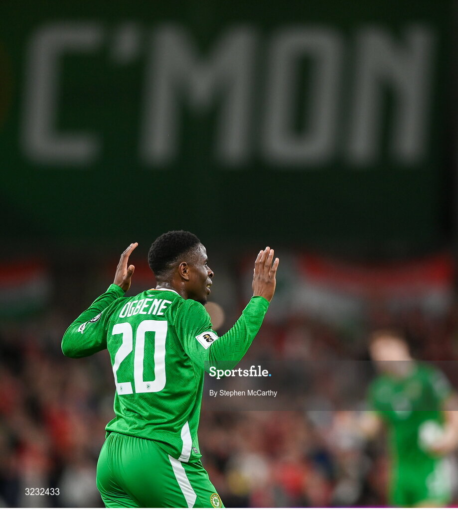 6 September 2025; Chiedozie Ogbene of Republic of Ireland during the FIFA World Cup 2026 Group F qualifying match between Republic of Ireland and Hungary at the Aviva Stadium in Dublin. Photo by Stephen McCarthy/Sportsfile