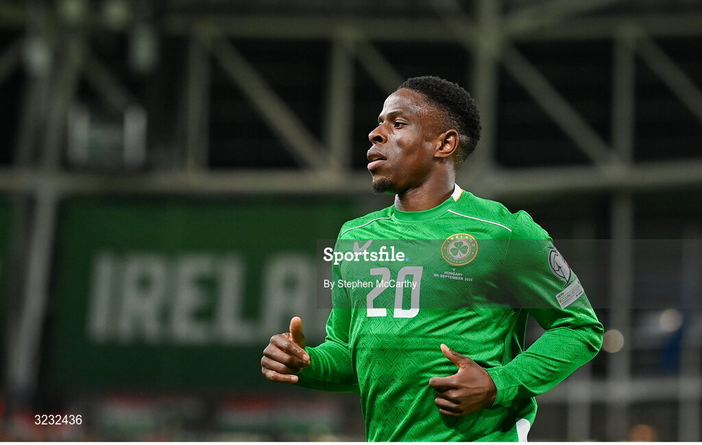 6 September 2025; Chiedozie Ogbene of Republic of Ireland during the FIFA World Cup 2026 Group F qualifying match between Republic of Ireland and Hungary at the Aviva Stadium in Dublin. Photo by Stephen McCarthy/Sportsfile