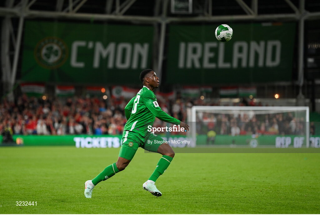 6 September 2025; Chiedozie Ogbene of Republic of Ireland during the FIFA World Cup 2026 Group F qualifying match between Republic of Ireland and Hungary at the Aviva Stadium in Dublin. Photo by Stephen McCarthy/Sportsfile