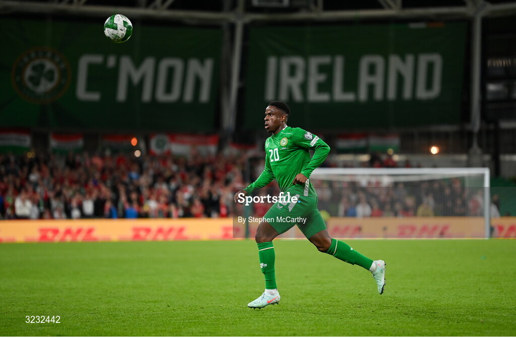 6 September 2025; Chiedozie Ogbene of Republic of Ireland during the FIFA World Cup 2026 Group F qualifying match between Republic of Ireland and Hungary at the Aviva Stadium in Dublin. Photo by Stephen McCarthy/Sportsfile