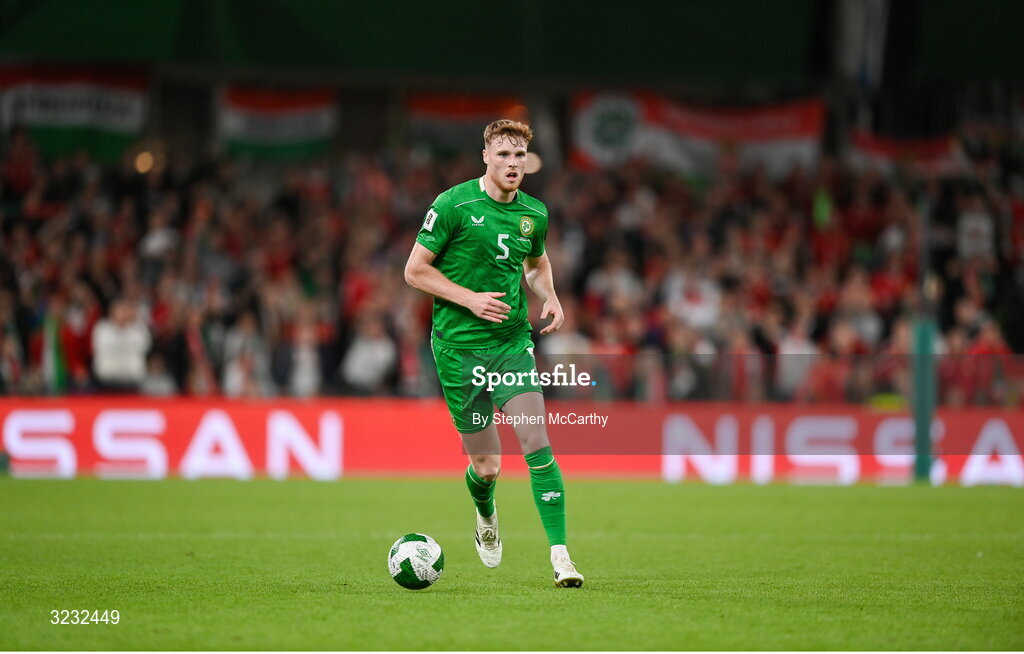 6 September 2025; Jake O'Brien of Republic of Ireland during the FIFA World Cup 2026 Group F qualifying match between Republic of Ireland and Hungary at the Aviva Stadium in Dublin. Photo by Stephen McCarthy/Sportsfile